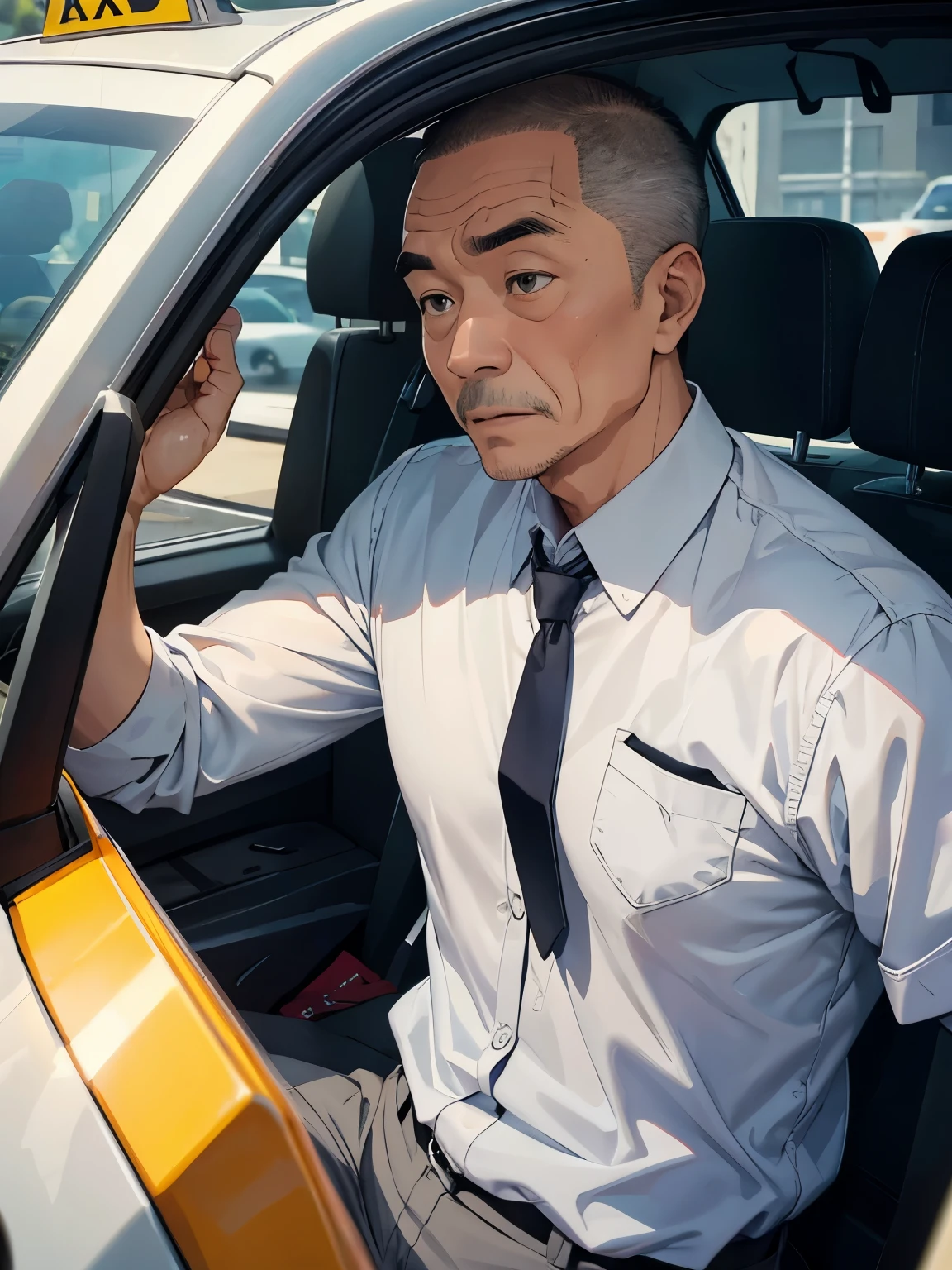 47-year-old taxi driver、White shirt、tie、Grey slacks、Detailed facial expressions、