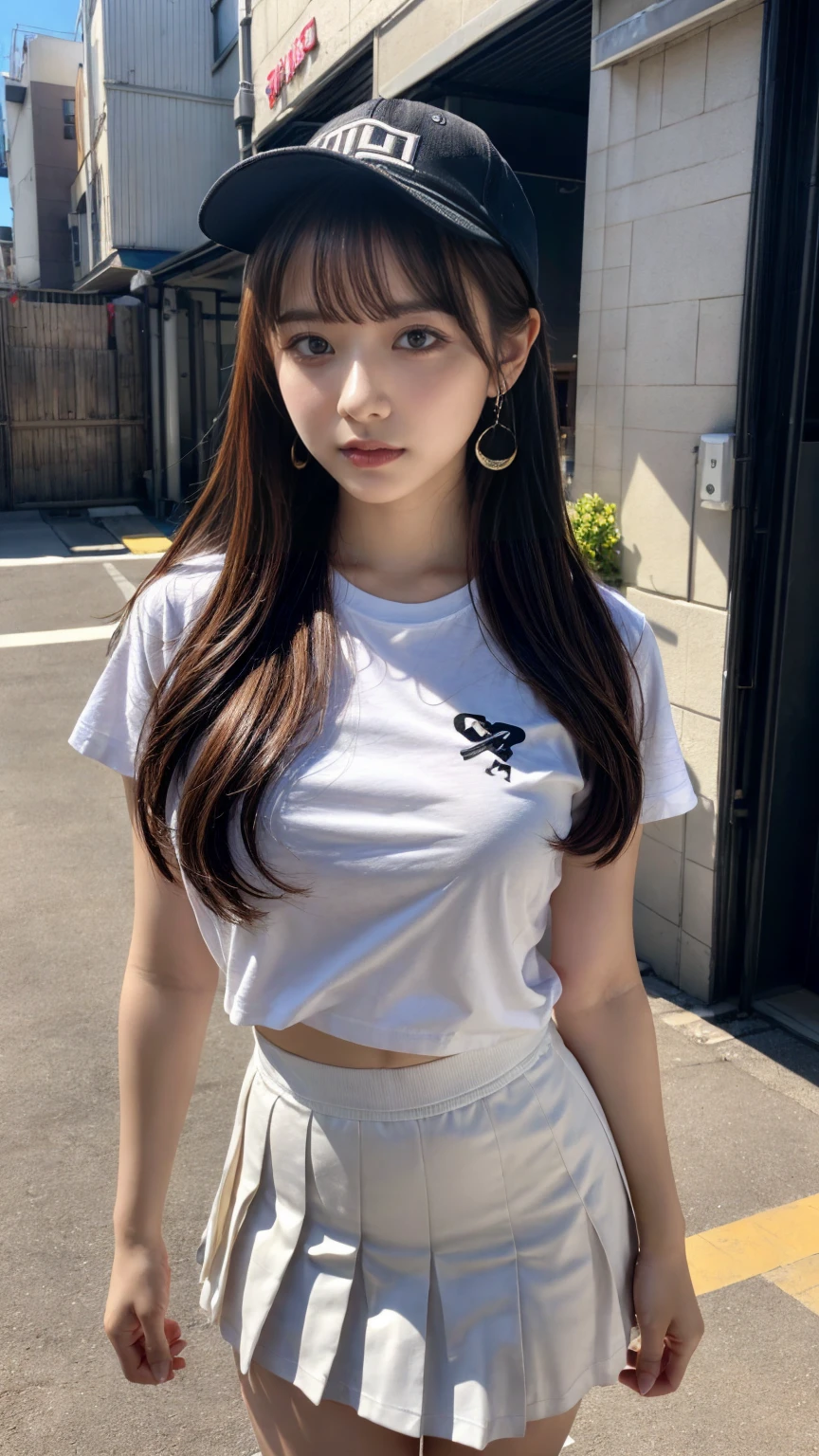 masterpiece, best quality, illustration, Super detailed, fine details, High resolution, 8K,wall paper, perfect dynamic composition,(Details High quality, realistic depiction of eyes:1.3), baseball cap, earrings, (white t-shirt), (black pleated skirt), short bob hair, black hair color, Big Natural Color Lip, sexy pose, (perfect body shape), crying a little、cold gaze, Harajuku style、20 year old girl、cute type、ta, hposing Gravure Idol, full body photo、focus on crotch, huge breasts
