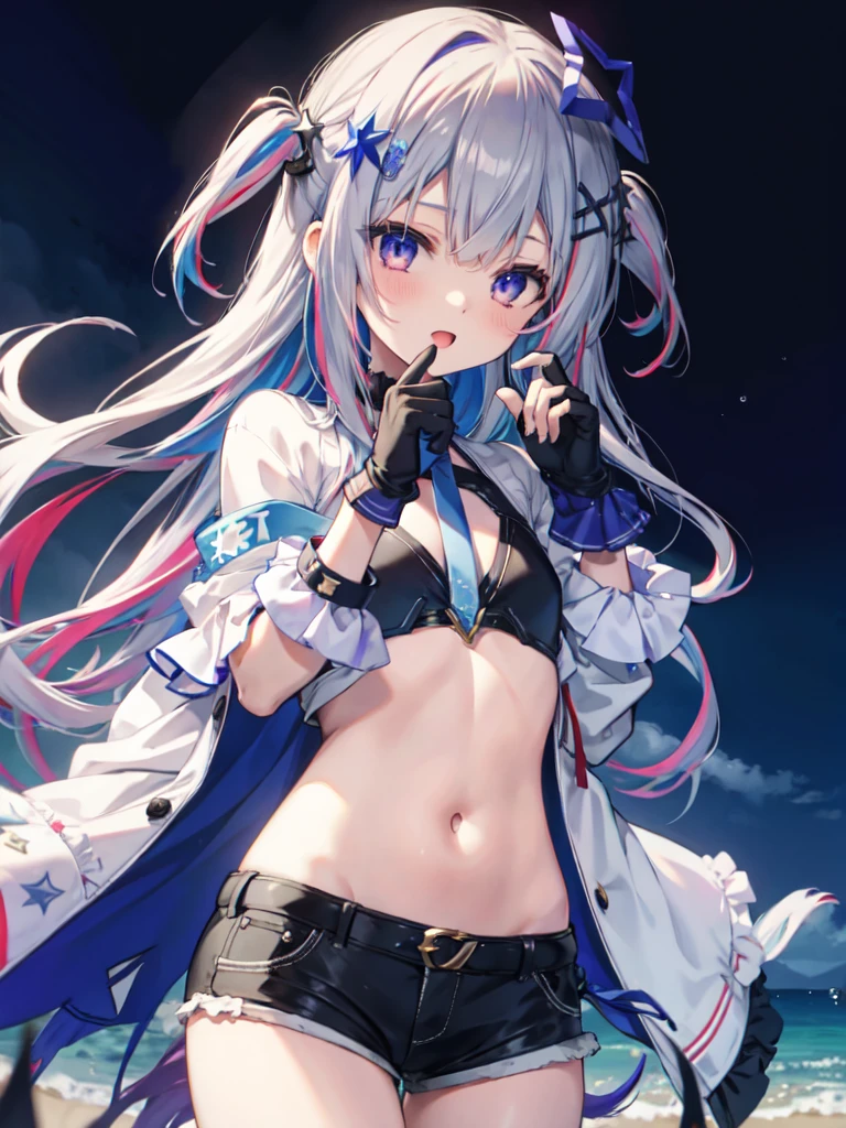 1girl, solo, long hair, gloves, multicolored hair, official alternate hair length, grey hair, colored inner hair, blue hair, purple eyes, halo, star halo, hair ornament, looking at viewer, bangs, open mouth, two side up, frills, hairclip, cowboy shot, sea, Short pants bikini, bikini