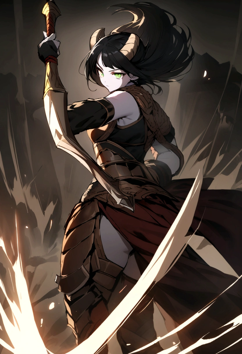 Female warrior character, with long black hair, greeneyes, pale skin, with huge, curved horns like those of a ram, coming out of the temples and curling back, wielding a dagger masterfully