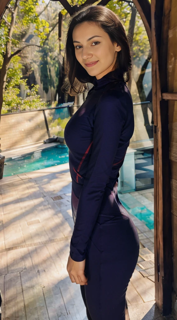 a woman in tight colored pants poses facing the viewer, leaning against a tree in the woods, thick legs, a slender derrier, tight colored clothes, a slender derrier, beautiful curves, tight-fitting colored clothes, cottage pattern!! fitness body, thin waist and thick hips, black hair and perfect body, fit derrier, big ass, photorealistic perfect body.