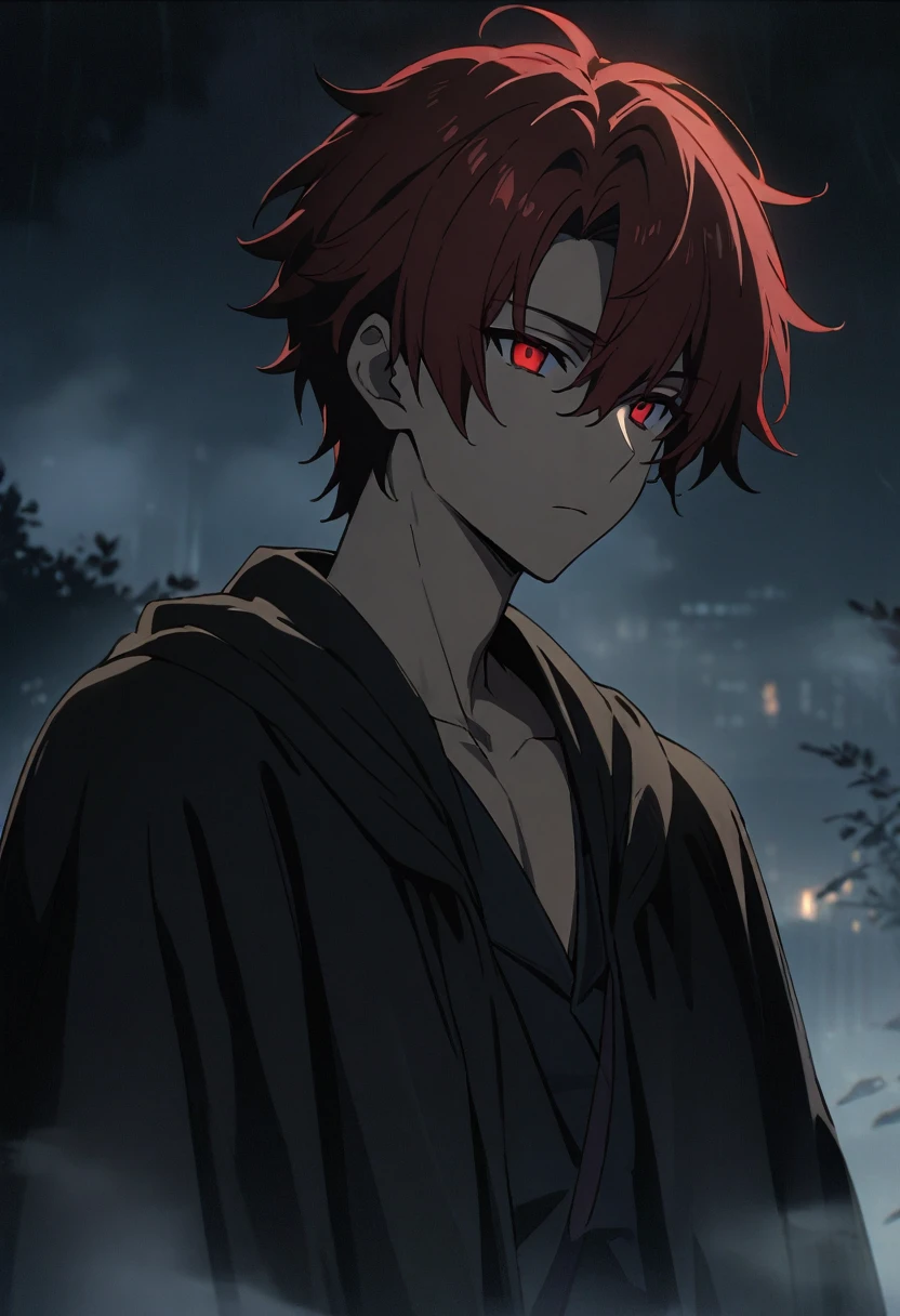 One boy, masterpiece, top quality, handsome boy, expressionless, good looking, black extensions, red hair, red eyes, black robe, night, in the fog, anime