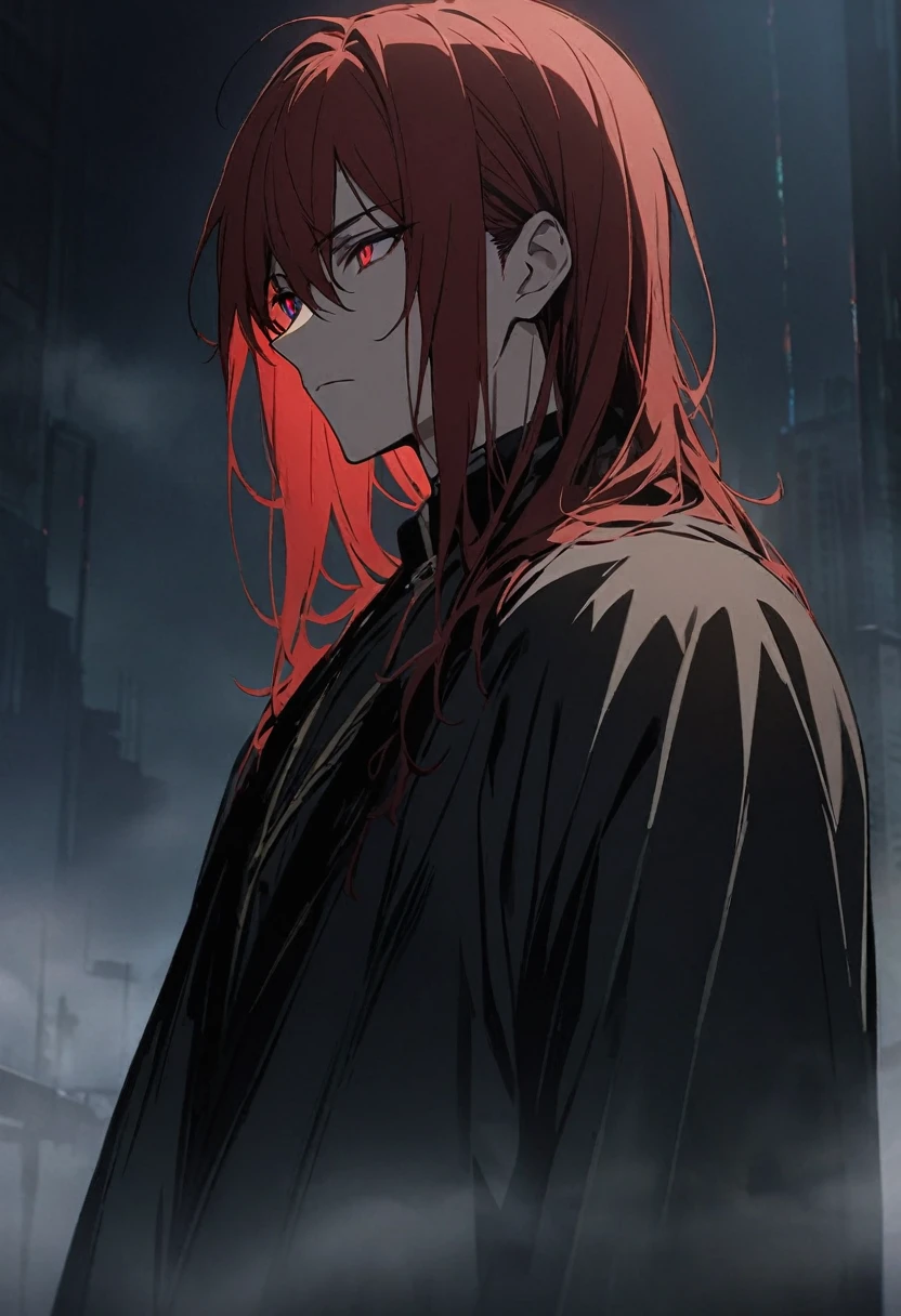One boy, masterpiece, top quality, handsome boy, expressionless, good looking, black extensions, red hair, red eyes, black robe, night, in the fog, anime