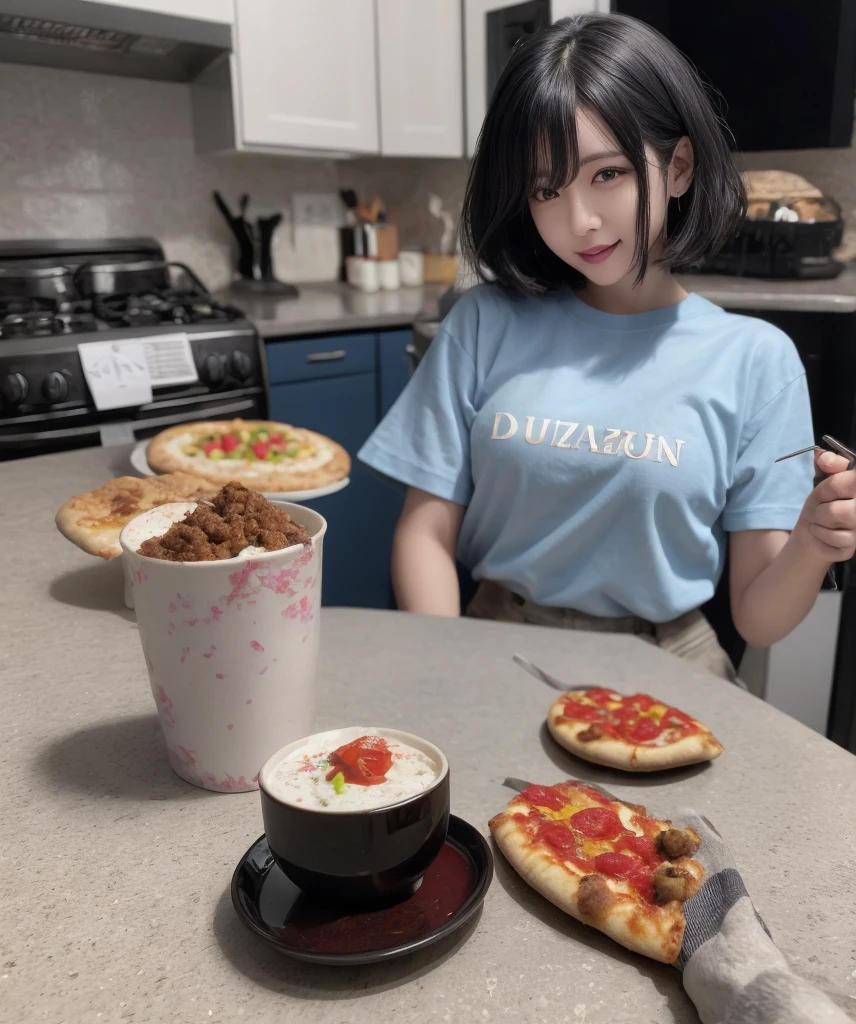 Dark Theme, masterpiece, Highest quality, Absurd, detailed, ultra-detailed,One girl, alone, View your viewers, short hair, blue eyes, shirt, hair ornaments, Holding, Mouth closed, Gray Hair, food, Hair Clip, indoor, Blurred, cup, table, Holding food, blue shirt, x hair ornaments, Photo Background, pizza, Holding pizza, Sensual smile、