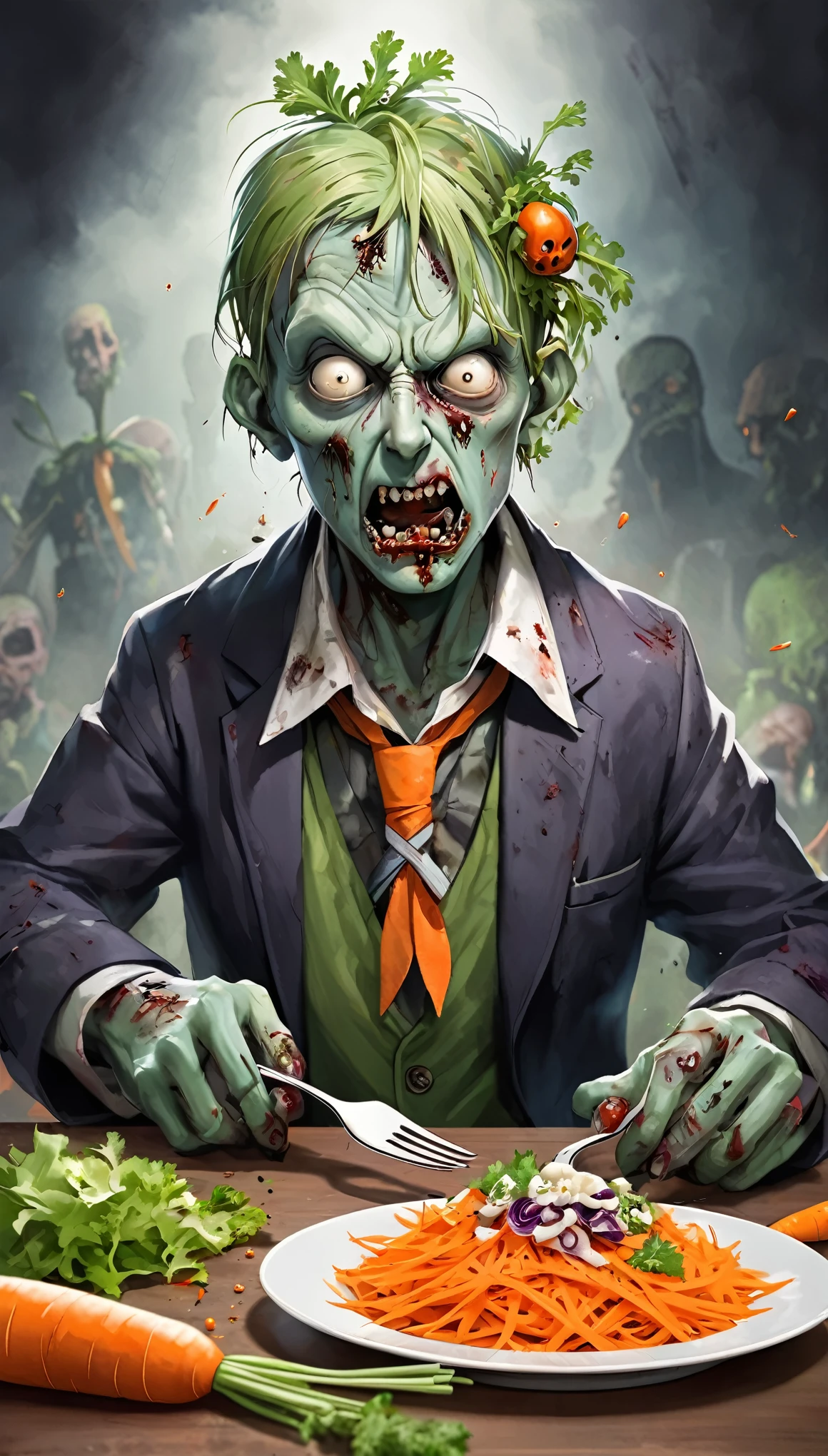 Zombie in front of a carrot salad, holding a fork, Fresh and tasty carrots, Zombie who hates carrots, Staring at the carrot with disgust, Carrots who hate zombies, Intimidation, fear, Puzzled, sorrow, anger, BREAK A zombie starts crying because he can't eat carrots, which he hates., Painful Tears, Surreal Gothic Horror