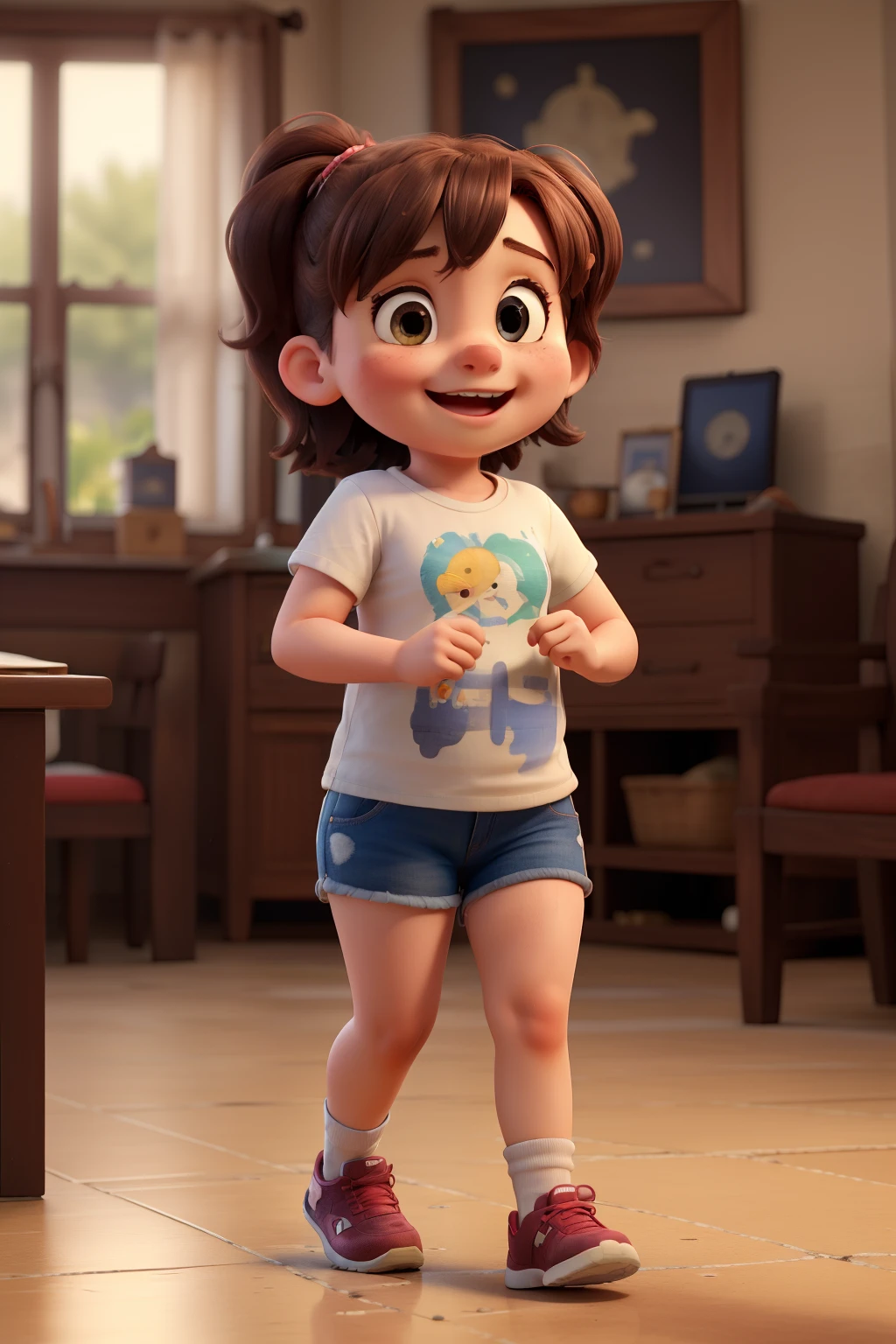 ((best quality)), ((masterpiece)), (detailed), a cute so fat litle girl runing with so many friends in the rains wearing casual t-shirts, she looks so happy, in the out doors of her house