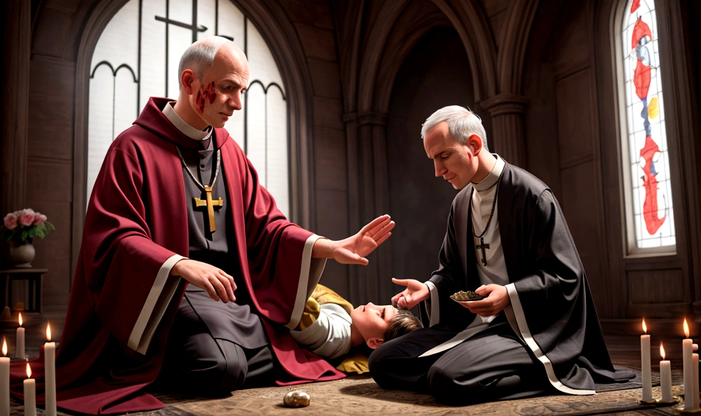 Create an image of a priest consecrating a host and the host bleeding