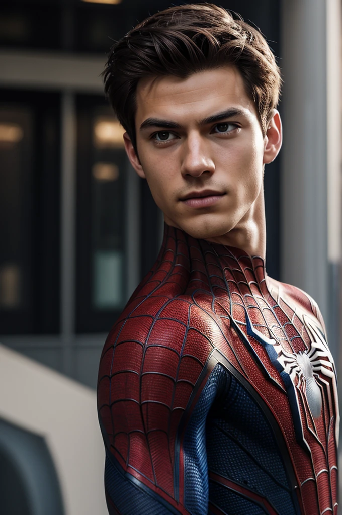 A photograph of spider man, no mask, 20 yo, handsome, detailed face, looking at camera, portrait, 8k uhd, high quality
