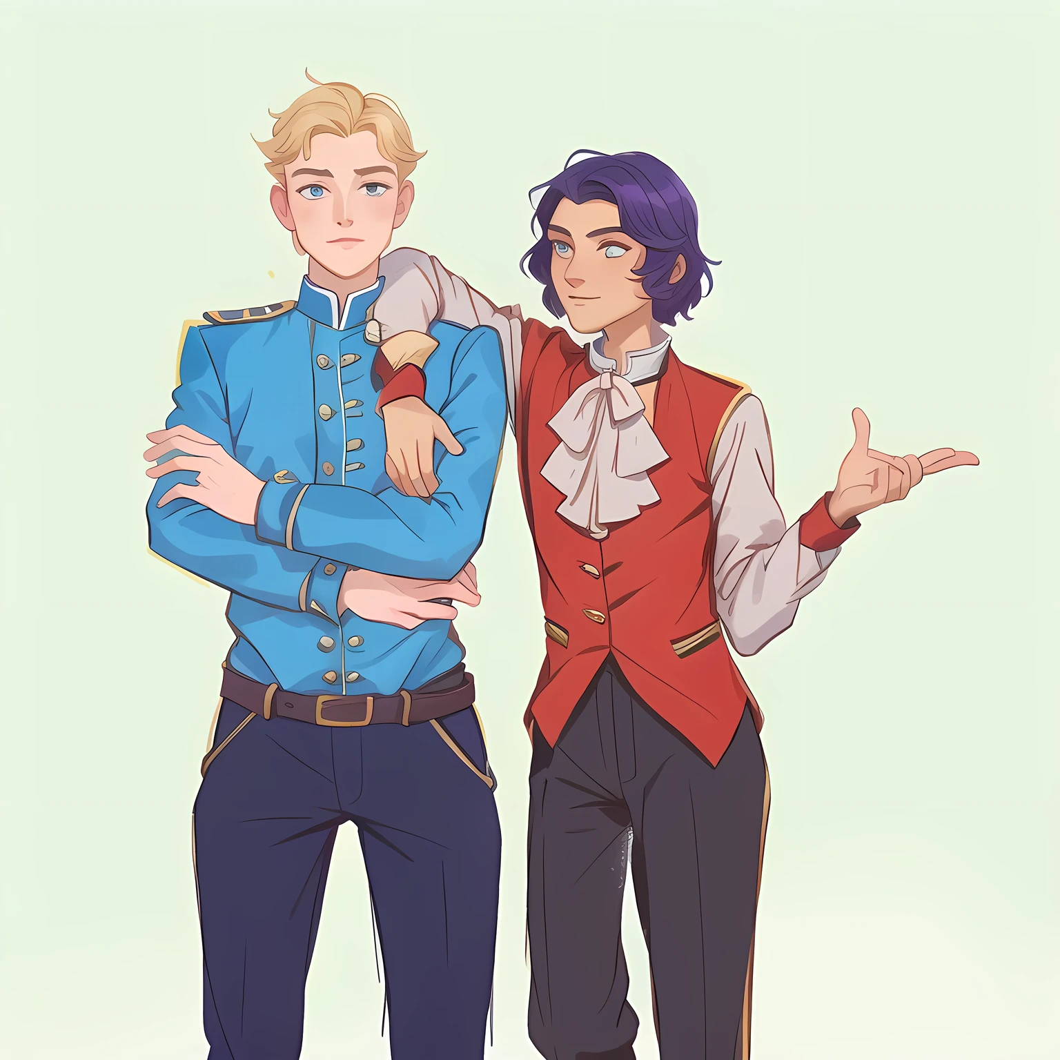 There are two people, that stand next to each other, Edmund Blair and Charlie Bowater, Charlie Bowwater and Artgim, bowwater style, both dressed in Victorian clothing, top lawyer style, gentle androgynous prince, beautiful androgynous prince, Charlie Bower and Tom Bagshaw, medium shot of two characters, high quality fanart