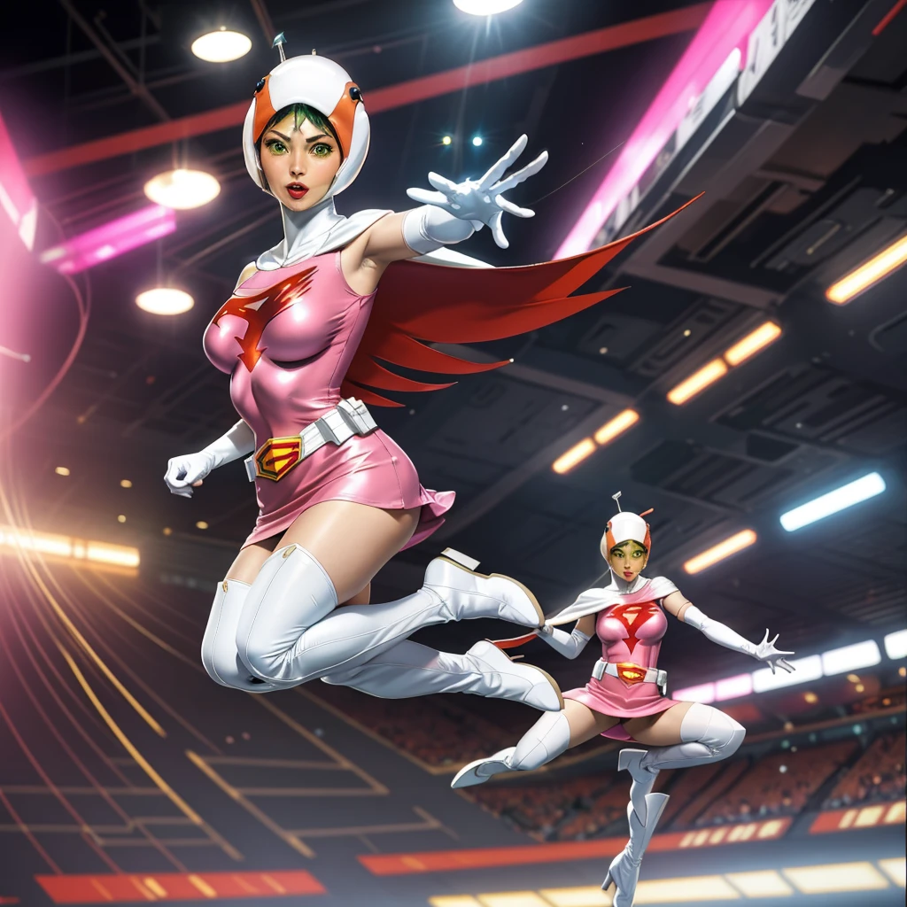 ANI_CLASSIC_jun_gatchaman_ownwaifu,1girl, ,good anatomy, masterpiece, best quality,realistic, hyperrealistic, 16k hdr,breasts,green eyes,lips,large breasts,lipstick,makeup,gloves,cape,helmet,belt,elbow gloves,white gloves,mask,ultra miniskirt,leotard,spacesuit,white tight overknee highheels boots,pink dress,superhero,bodysuit,cleavage,erected nipples,((jumping poses)),cameltoe