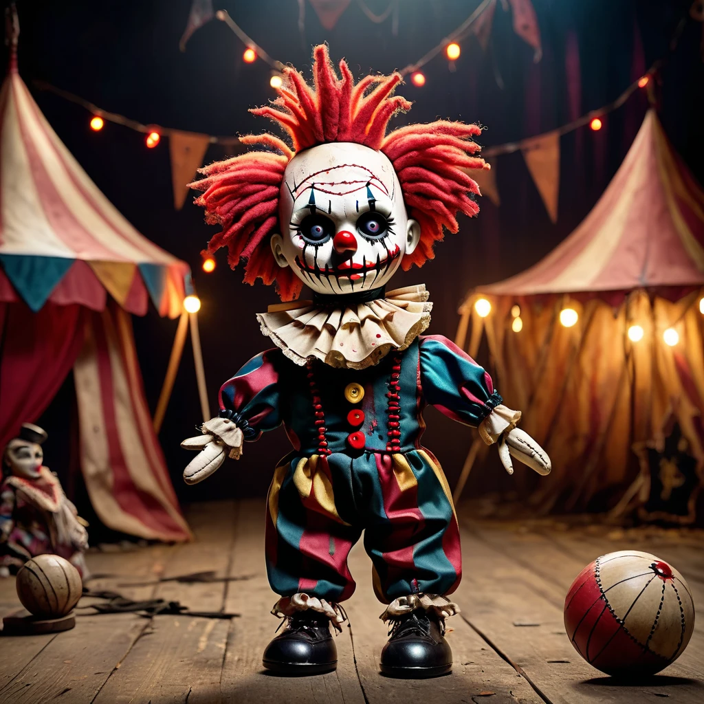(knitted toy voodoo doll:1.9), (Voodoo Demonic Clown:1.6), (Clothing: tattered clown suit with dark stains:1.0), (Accessories: enchanted cursed juggling balls, glowing sinister makeup:1.1), (background: abandoned circus tent with flickering lights, eerie laughter, and ghostly spectators:1.2), best quality, masterpiece, detailed soft oil painting, detailed background, dramatic cinematic lighting, soft edge lighting, professional, dramatic lighting, hard edge lighting, ultra quality, 4k, masterpiece, best quality, 8k, ultra high definition, high resolution, extremely detailed