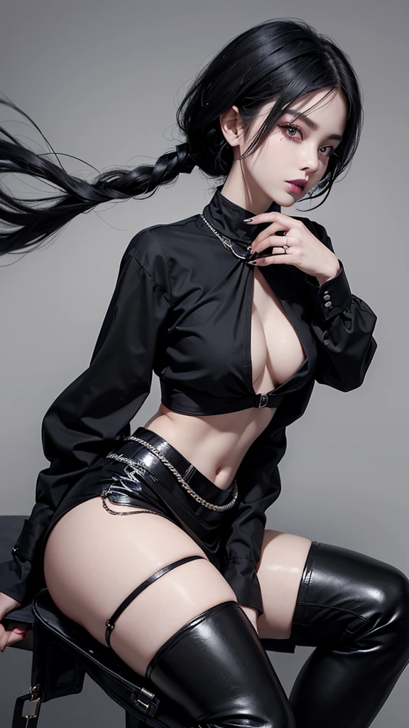 short black hair with a strand of hair covering his right eye a little, piercing in her lip and piercing on the left side of her nose, black lipstick and eyeliner, slightly pale skin, black painted nails, short black long sleeve blouse, Bare torso with navel piercing, skirt with black chains above the middle of her legs, black knee high stockings, high black brooch boots (side view point)