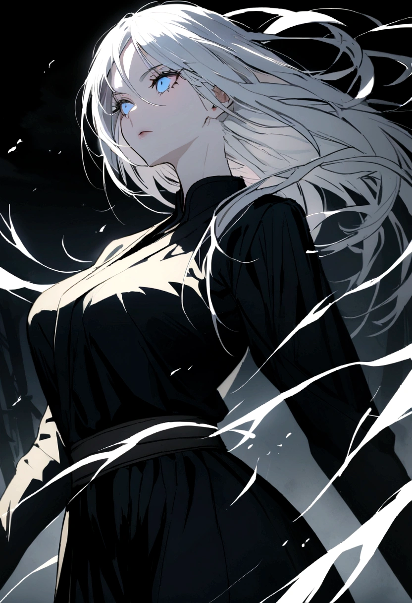 A beautiful girl with a good tall body , thin face , with long white hair and eyelashes and light blue eyes with katana and Demon Slayer theme