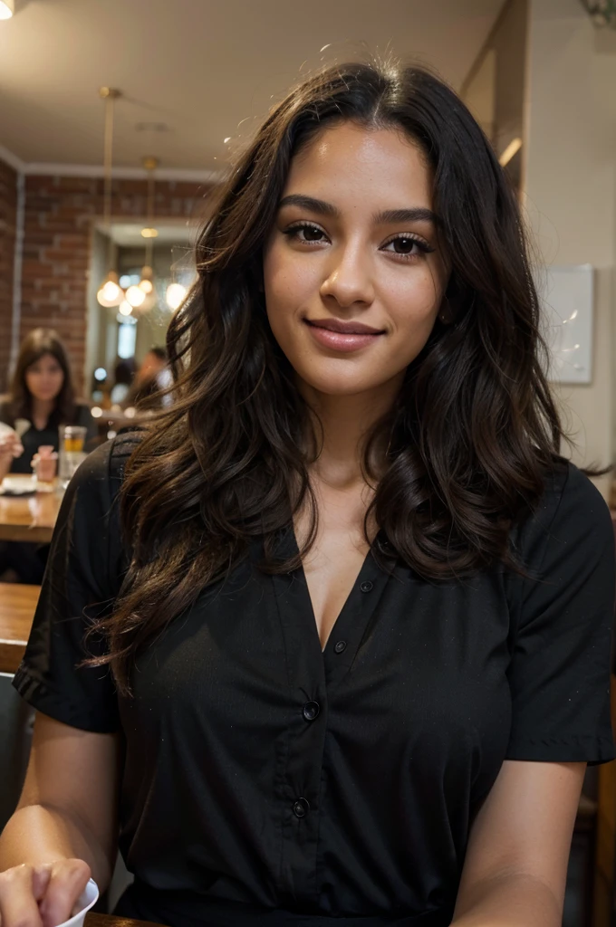 Beautiful black woman with voluminous long curly hair (in a cafe drinking soda), very detailled, 23 years old, inoccent face, natural curly hair, high resolution, work of art, best qualityer, high and intricate details, highy detailed, sharp focus, skin detailed, realistic skin texture, texture, detailedeyes, proffesional, 4K, charming smile, filmed in canon, 85mm, Shallow depth of field, Kodak Vision Colors, perfect shape body, extremely detaild, foter_\(ultra\), photorrealistic, realisitic, after treatment, maximum details, roughness, real-life, ultra realist, fotorrealism, fote, 8k hd, fot, Wearing formal clothes