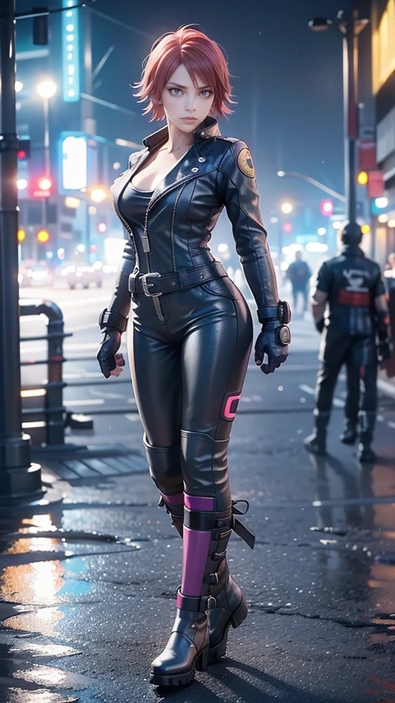 biker Rocker girl, motorcycle, Leather garment, Short hair, yellow glowing eyes, Dark colors, leather waist, ultra detailed face, long eyelashes, skinny, Cyberpunk, Neon lights, Red hair, long boots, tightsuit, Night, the city street, mitts, rain