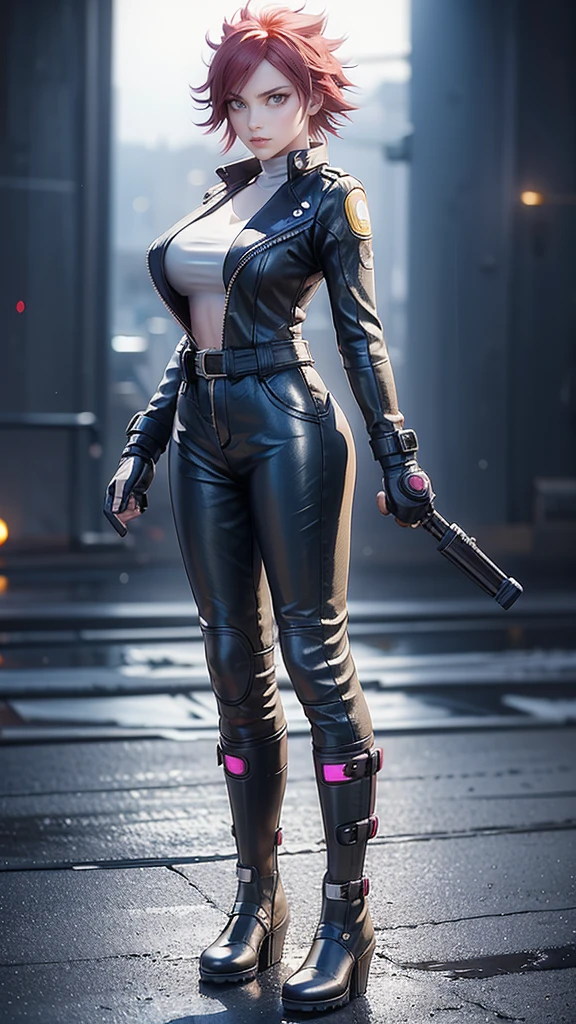 biker Rocker girl, motorcycle, Leather garment, Short hair, yellow glowing eyes, Dark colors, leather waist, ultra detailed face, long eyelashes, skinny, Cyberpunk, Neon lights, Red hair, long boots, tightsuit, Night, the city street, mitts, rain