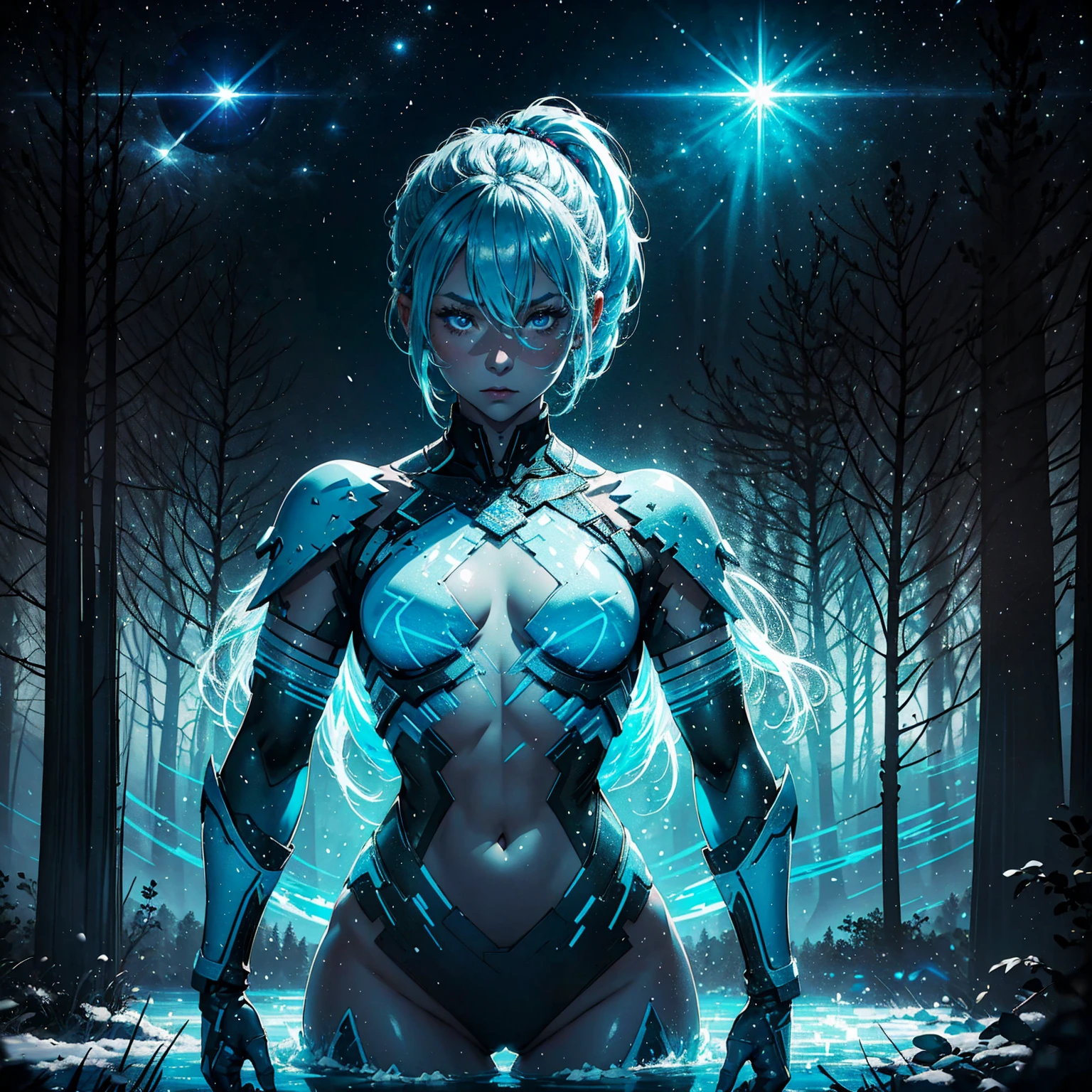 1girl, (solo), short ponytail hair, light blue hair, flat chest, small size, blue eyes, fair skin, smiling face, full nude, full body, lots of cum on sex, kneeling, (night), moon, frozen lake, forest behind, (very sexy body, detailed face, masterpiece, highly detailed, 8k, best quality, vibrant colors, digital art, concept art)