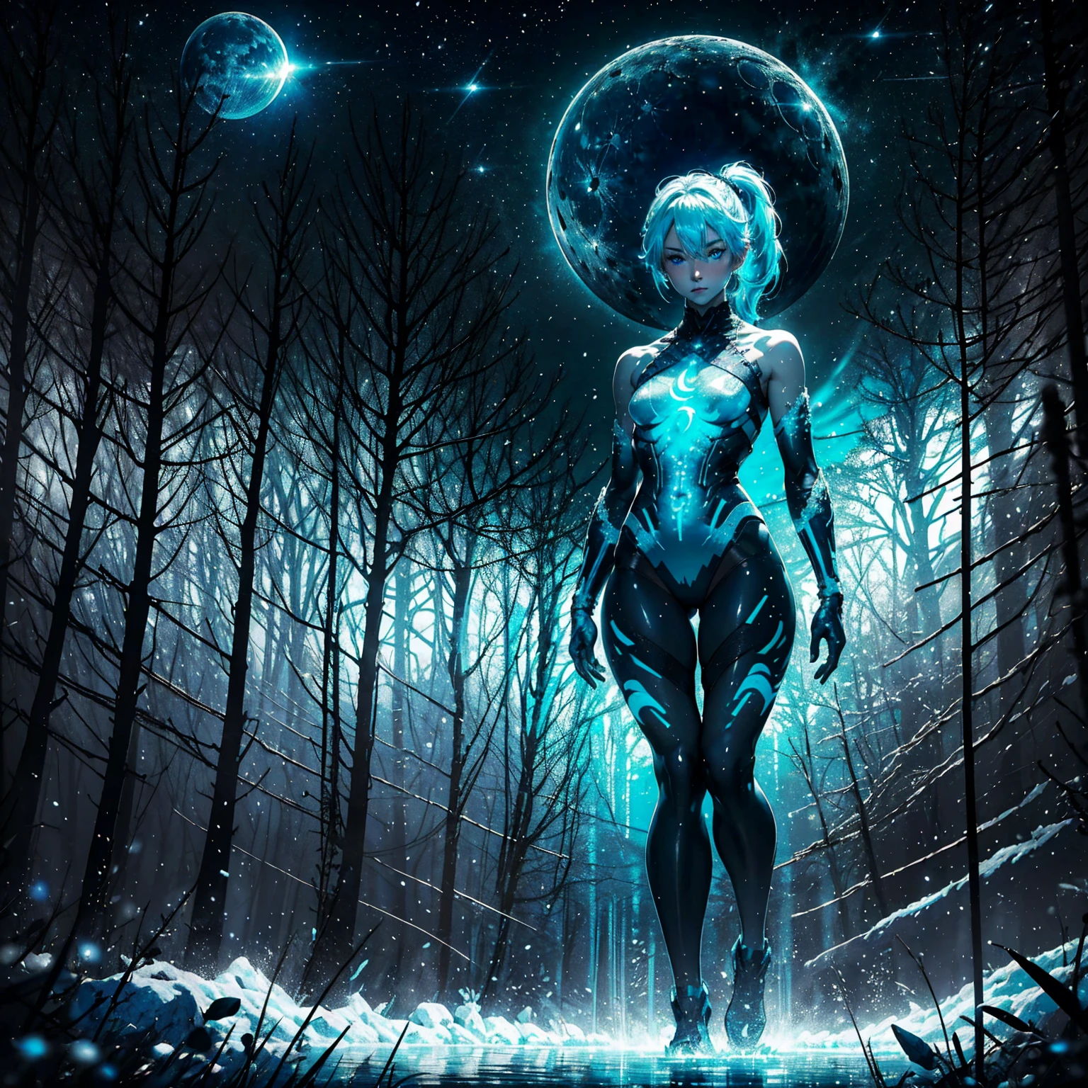 1girl, (solo), short ponytail hair, light blue hair, flat chest, small size, light blue eyes, fair skin, full nude, full body, (night), blue moon, frozen lake, forest behind, (very sexy body, detailed face, masterpiece, highly detailed, 8k, best quality, vibrant colors, digital art, concept art)