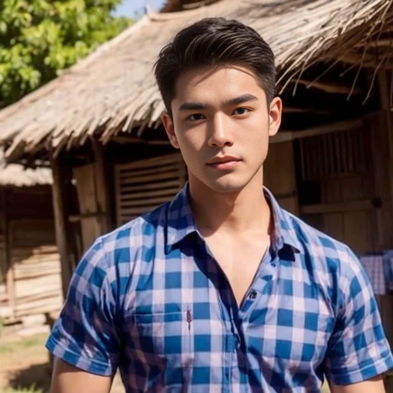Haraf man looking at camera, perfect has a round face, A well-maintained model., Close-up photo, Southeast Asian man with a round face, 3-D profile picture, 8K, 45,000,000 pixcls, realistic light colors, beautiful young asian man, Asian man, charming anime,  Comfortable pose, Anime Asian man in real life, attractive handsome man, young Asian man,, perfect body, Freestyle photo of a handsome young man, ผู้Asian manที่สวยงาม, The character is in her natural pose., 