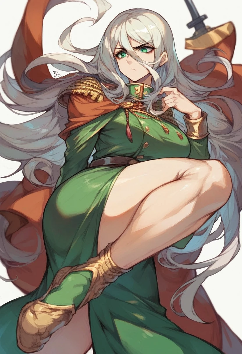 1 girl, anime face, upper body, showing legs, long hair, minimal makeup, detailed face, Serious, very long platinum blonde hair, bang, hair between eyes, green eyes, big plump breasts, big ass, big , cloth, military clothing, military, Serious, war situation, military cloth, military pants, beautiful girl soldier, modern military, Serious military cloth, formal modern military cloth, showing legs, legs, Correct anatomy of the foot, 5 fingers, (showing legs), (Correct anatomy of the foot)