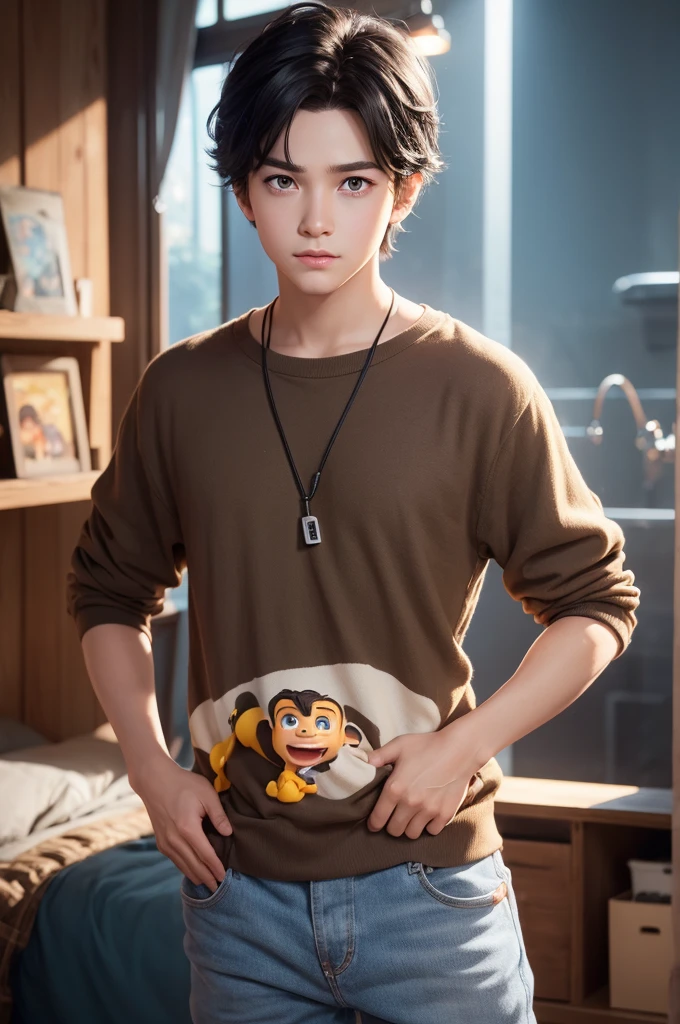 I.a:Boy character from the film amusingly, disney pixar style, 3D black hair light brown color light brown eyes