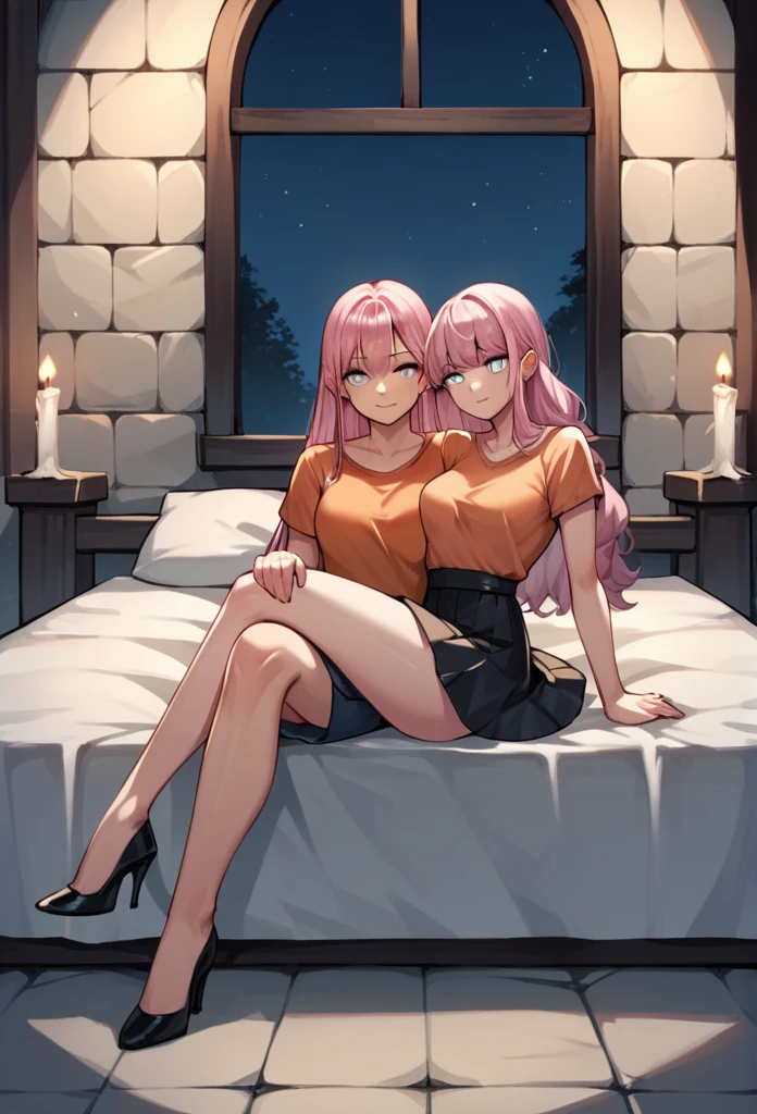 score_9, score_8_up, score_7_up, score_6_up, score_5_up, score_4_up, source_anime, 2girl,hugging, bed , pink hair , long hair , white eyes, w-w-chain,crossed legs, knee to knee, spread arms, loose hair, black orange shirt,skirt,black high heels,night,candles, dungeon, best quality, best res, 4K UHD,
