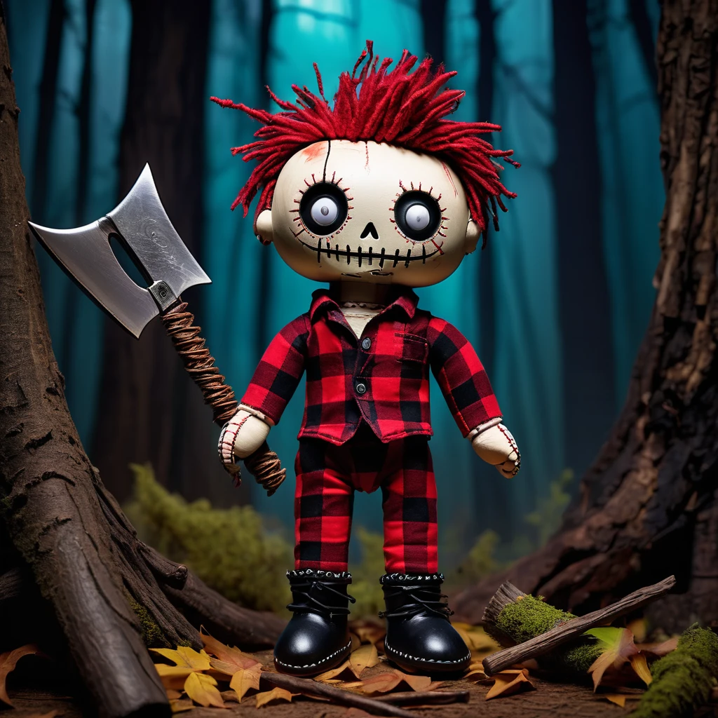 (knitted toy voodoo doll:1.9), (Voodoo Demonic Lumberjack:1.6), (Clothing: tattered flannel shirt with dark stains:1.0), (Accessories: enchanted cursed axe, glowing sinister saw:1.1), (background: haunted forest with twisted trees, eerie creaking, and spectral animals:1.2), best quality, masterpiece, detailed soft oil painting, detailed background, dramatic cinematic lighting, soft edge lighting, professional, dramatic lighting, hard edge lighting, ultra quality, 4k, masterpiece, best quality, 8k, ultra high definition, high resolution, extremely detailed