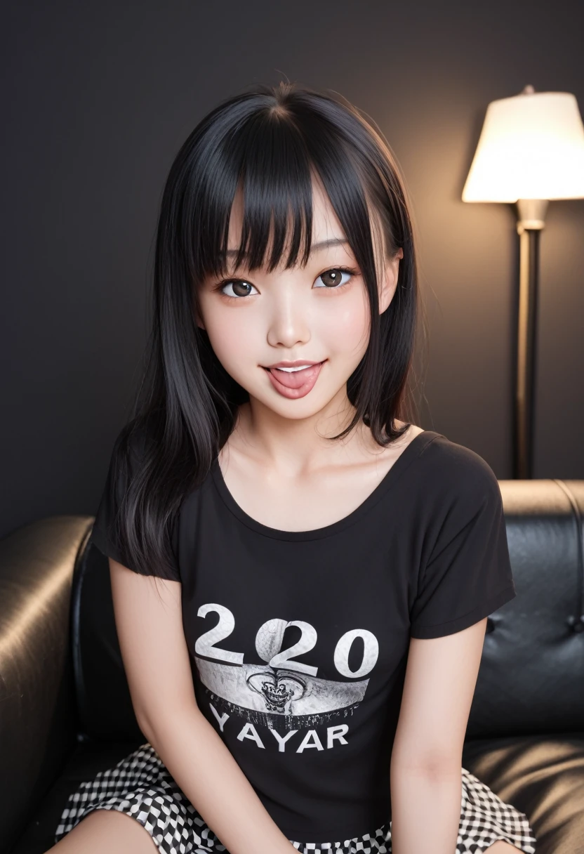 ollarbone,black t-shirt,off-shoulder look,bare shoulder,Denim mini skirt,open mouth,tongue out,lick,Black sofa,Kneeling,looking ahead,from above,flont view,face focus,(1girl,Beautiful  girl),((Slender,Small breasts,Small face,)),looking at viewer,Black Hair,bangs,one side up,Beautiful and detailed,Mischievous smile,Dimly lit room,Simple Background,Black background,Low lighting
