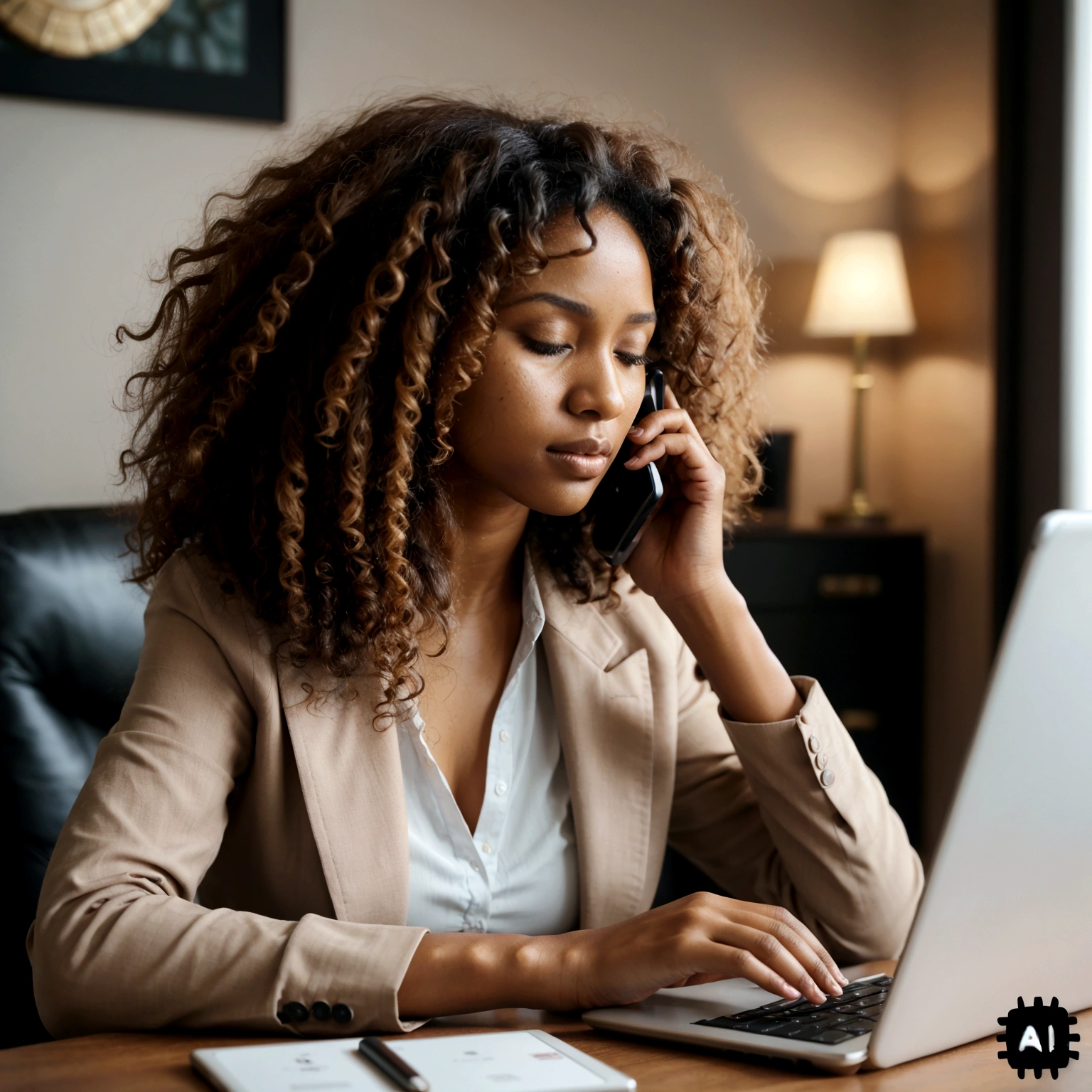 luxury faceless black woman , curly hair, eyes closed, on the cellphone using a tablet computer in a room, working, still from a live action movie, profile pose, [ realistic photo ]!!, serious business, lazy, elegant look
