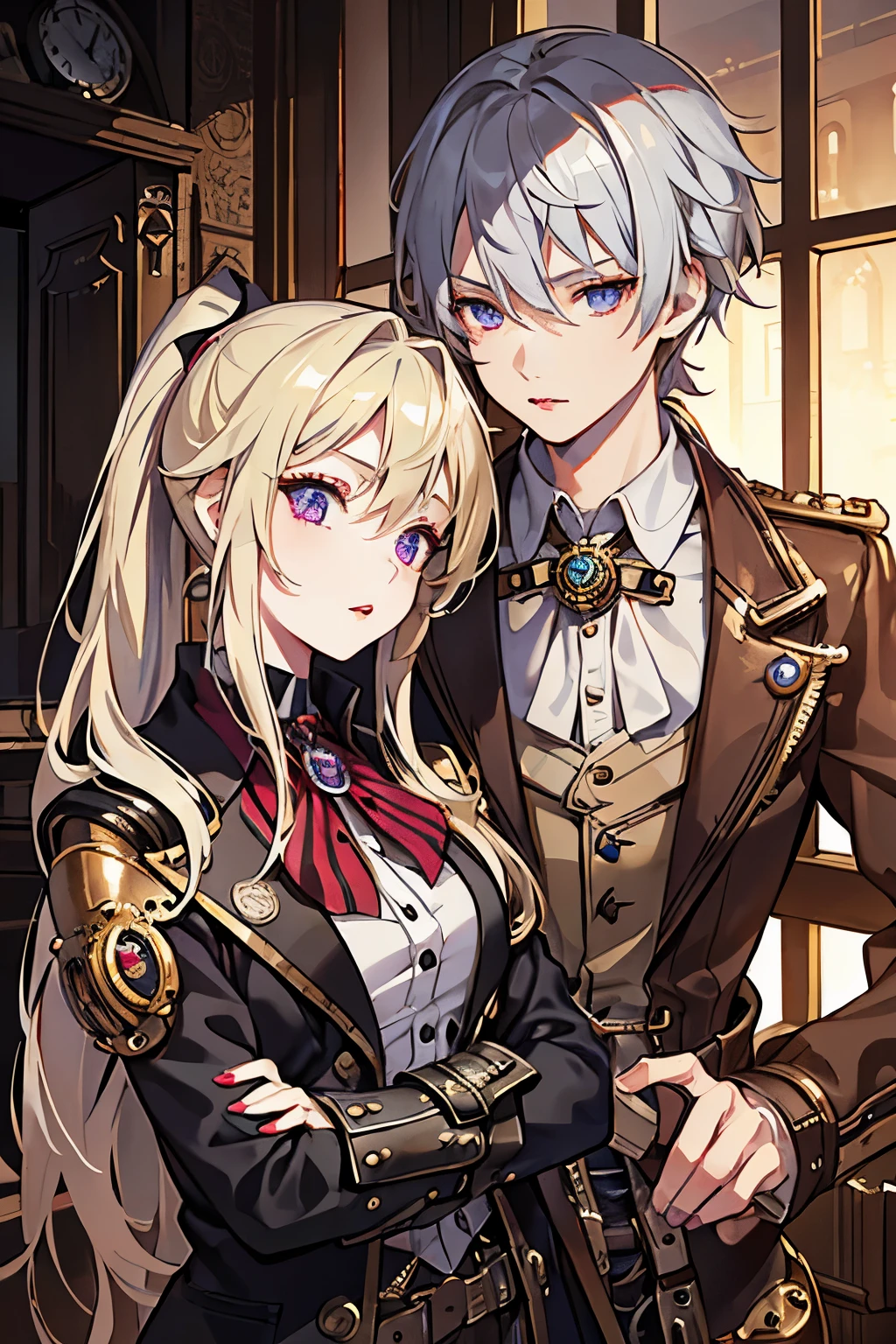 (masterpiece), best quality, expressive eyes, perfect face, girl, steampunk, she is blonde, ponytail, red lipstick, long hair, puple eyes, boy is silver hair, steampunk, (((boy ))), couple, younger boy,