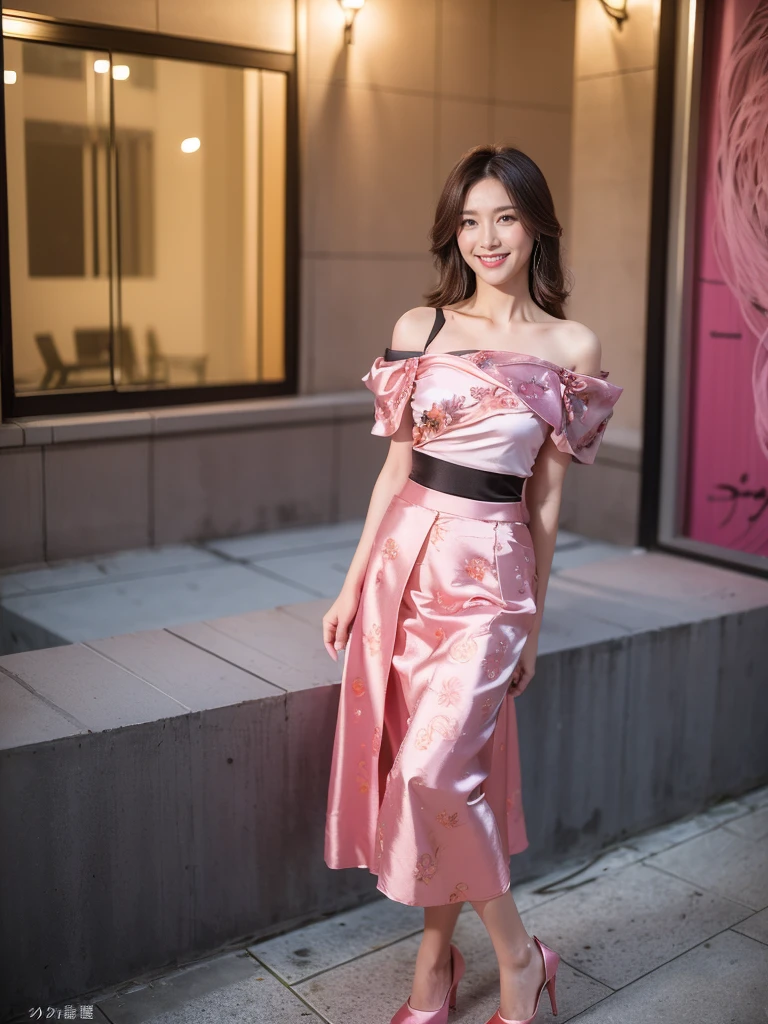 最high quality, 8K, Masseter area, Energetic, Clear focus, high quality, high resolution, Delicate face, Fine particles, thick lips, (Looking at the audience), Solitary, Beautiful woman, 20 years old, Plum, Black long hair, (Pink printed spaghetti-shoulder satin skirt:1.5),In front of the park garden,(Standing in the park:1.5)、((Smile:1.5))、((Wearing black high heels)),Tall