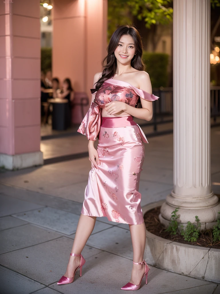 最high quality, 8K, Masseter area, Energetic, Clear focus, high quality, high resolution, Delicate face, Fine particles, thick lips, (Looking at the audience), Solitary, Beautiful woman, 20 years old, Plum, Black long hair, (Pink printed spaghetti-shoulder satin skirt:1.5),In front of the park garden,(Standing in the park:1.5)、((Smile:1.5))、((Wearing black high heels)),Tall