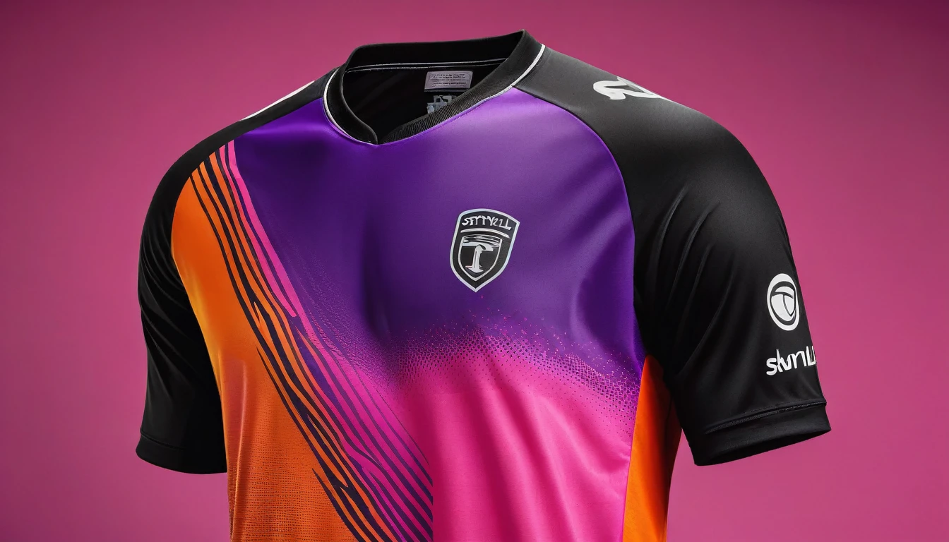 a close up of a soccer jersey with a orange or more color used and purple design, shirt design, tshirt design, t - shirt design, t-shirt design, neon pink and black color scheme, t shirt design, sports clothing, concept design, wearing a volleyball jersey full bady looking steyll, clothing concept, Image full center position contant full detali, clothing design, sport clothing, professional sports style, realistic clothing