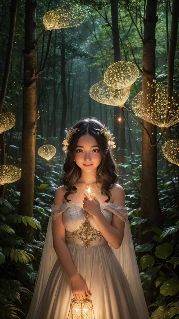 1girls, ,,Simper smile, High-definition image, a woman, her hair adorned with glowing fireflies, eyes shimmering with enchantment. Dressed in a gown made from woven moonlight, she stands in a mystical forest where trees come to life. The scene, bathed in the ethereal glow of the fireflies, captured in the style of a magical forest