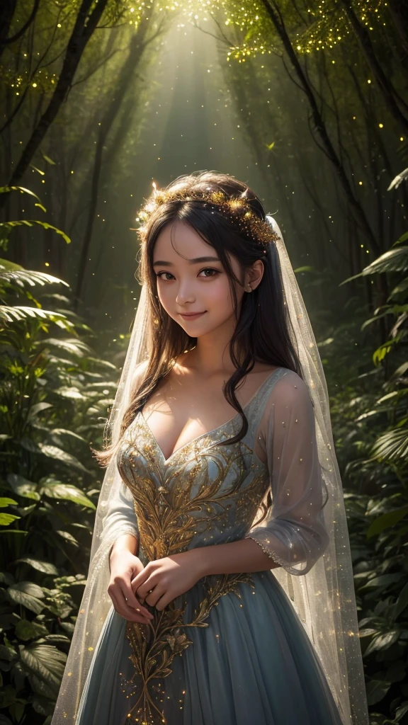 1girls, ,,Simper smile, High-definition image, a woman, her hair adorned with glowing fireflies, eyes shimmering with enchantment. Dressed in a gown made from woven moonlight, she stands in a mystical forest where trees come to life. The scene, bathed in the ethereal glow of the fireflies, captured in the style of a magical forest