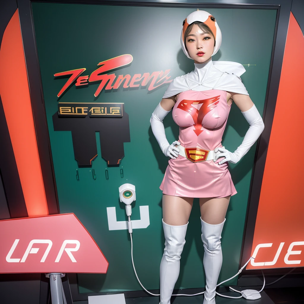 ANI_CLASSIC_jun_gatchaman_ownwaifu,1girl, ,good anatomy, masterpiece, best quality,realistic, hyperrealistic, 16k hdr,breasts,green eyes,lips,large breasts,lipstick,makeup,gloves,cape,helmet,belt,elbow gloves,white gloves,mask,ultra miniskirt,leotard,spacesuit,white tight overknee highheels boots,pink dress,superhero,bodysuit,cleavage,erected nipples,((stand poses,hands on hip)),cameltoe