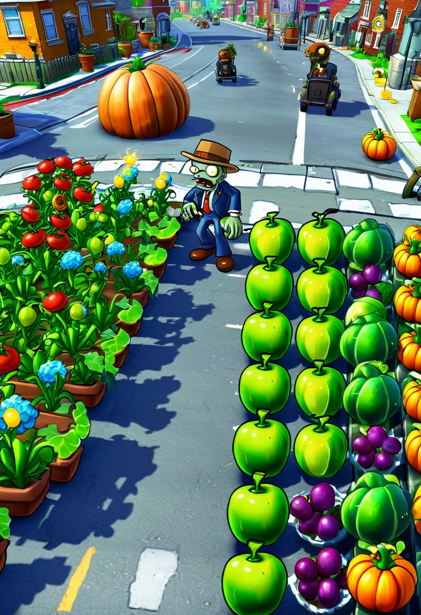 game "Plants vs. Zombies", full body, cinematic still, cinemascope, best quality, masterpiece, very aesthetic, perfect composition, intricate details, ultra-detailed, vivid colors