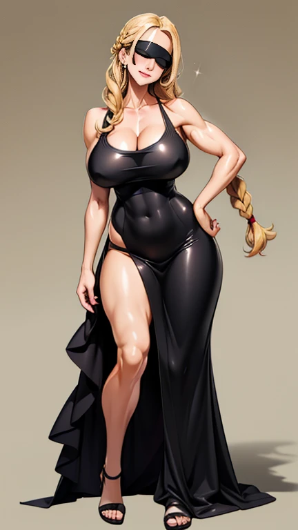 (masterpiece, hiquality: 1.1) 1girl full body standing good face, nice ass, hairstyle: braid, Color Hair: White long hair, Blindfolded: NO EYES, Skin: White (porcelain skin, sparkly skin), muscular, thights, mature woman, abs, looks at the viewer smiling, extremely huge breasts, maternal, chest cover with clothes