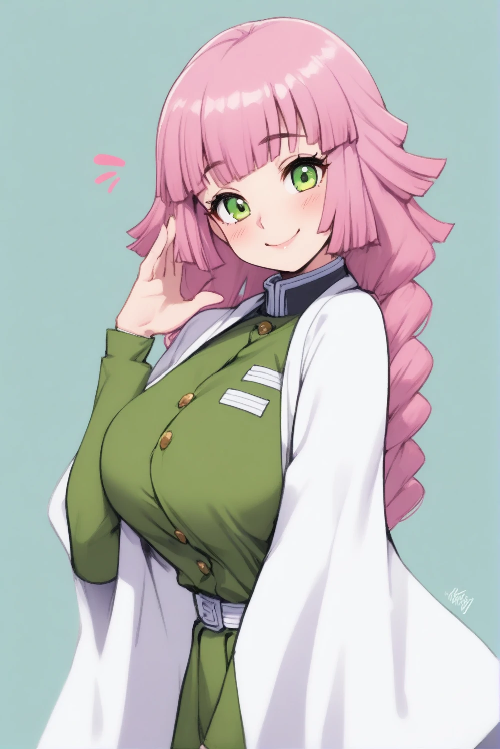 ((masterpiece,best quality)), highres, cute, curvy, eyelashes, mitsuri kanroji \(demon slayer\),pink hair, multicolored hair, green eyes, big breasts, demon slayer corps uniform, 1girl, head tilt, hand up, english commentary, simple background, closed mouth, smile, looking at viewer, light blush, solo, long sleeves, upper body, white haori, happy, shirtspread, 