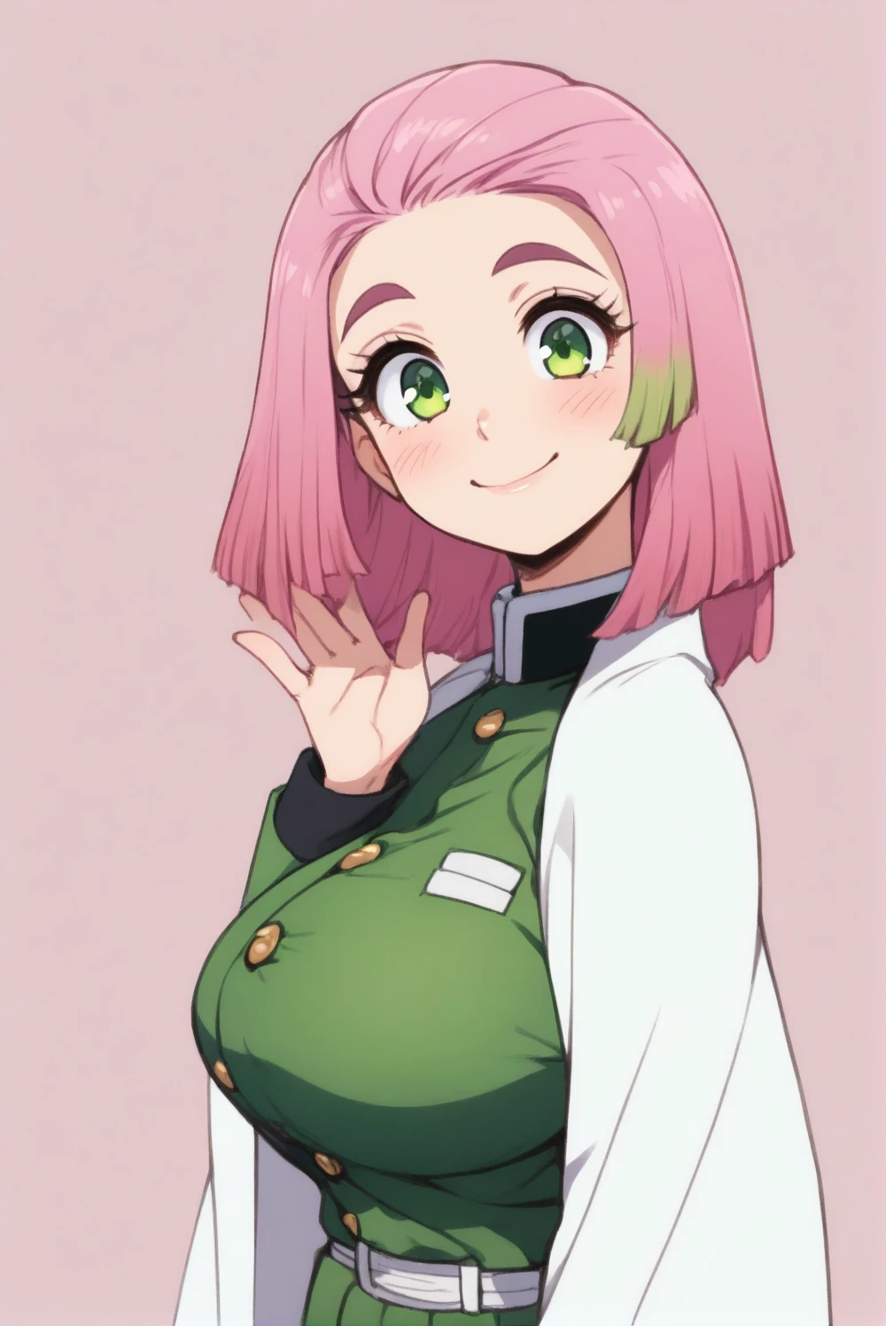 ((masterpiece,best quality)), highres, cute, curvy, eyelashes, mitsuri kanroji \(demon slayer\),pink hair, multicolored hair, green eyes, big breasts, demon slayer corps uniform, 1girl, head tilt, hand up, english commentary, simple background, closed mouth, smile, looking at viewer, light blush, solo, long sleeves, upper body, white haori, happy, shirtspread, 