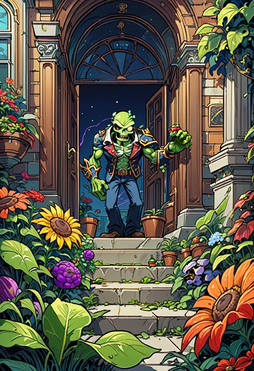 game "Plants vs. Zombies", full body, cinematic still, cinemascope, best quality, masterpiece, very aesthetic, perfect composition, intricate details, ultra-detailed, vivid colors