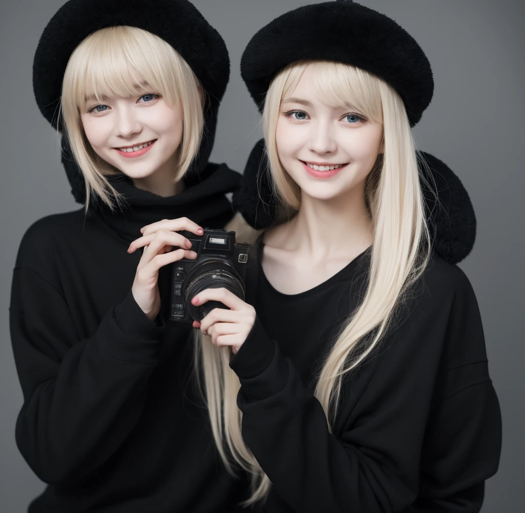 Tall pale blonde teenage girl with bangs soft silky hair in long black sweatshirt and black pants wearing a white Russian Soviet ushanka on her head smiling taking photo looking at camera 