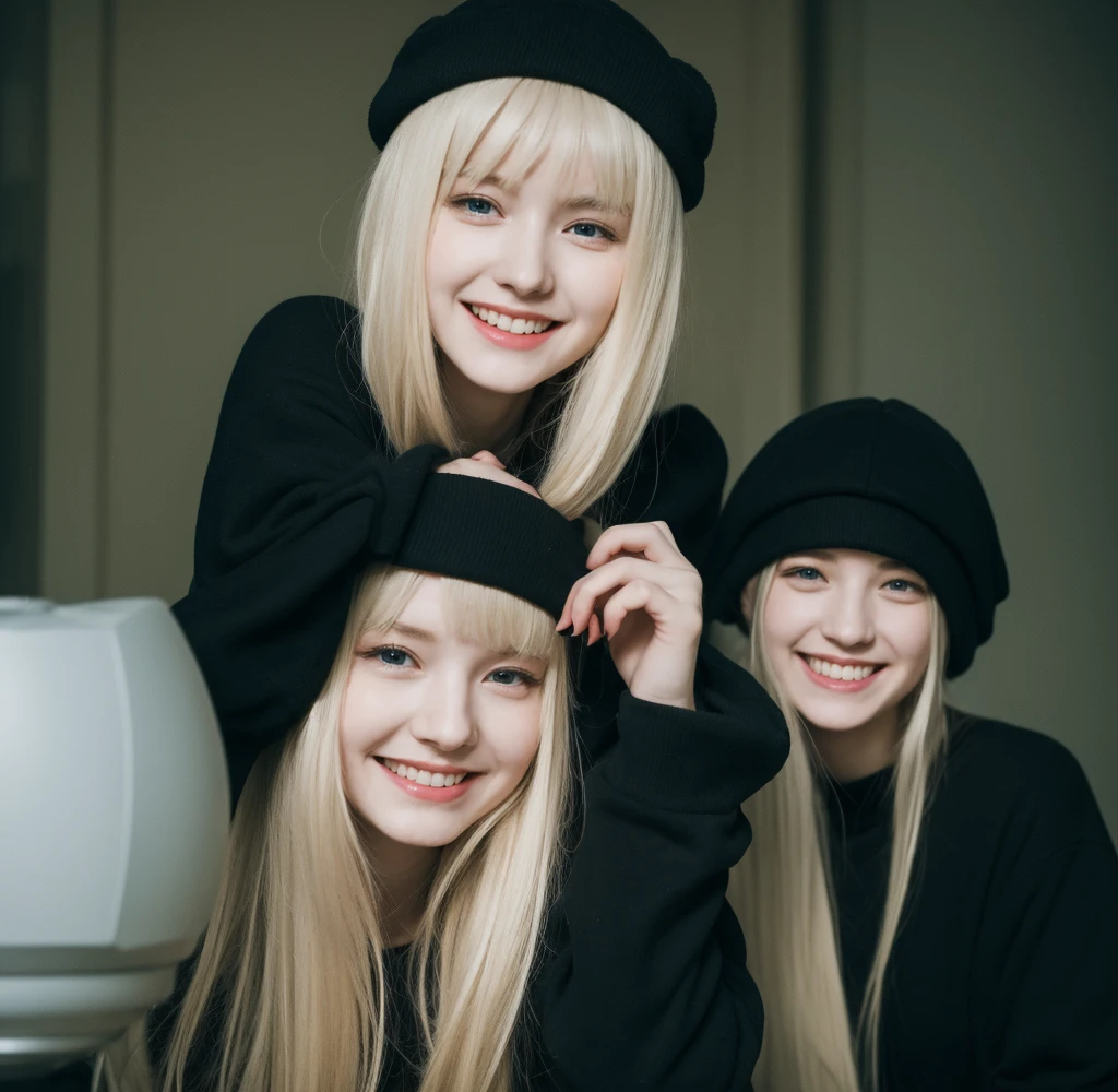 Tall pale blonde age girl with bangs soft silky hair in long black sweatshirt and black pants wearing a white Russian Soviet ushanka on her head smiling taking photo looking at camera