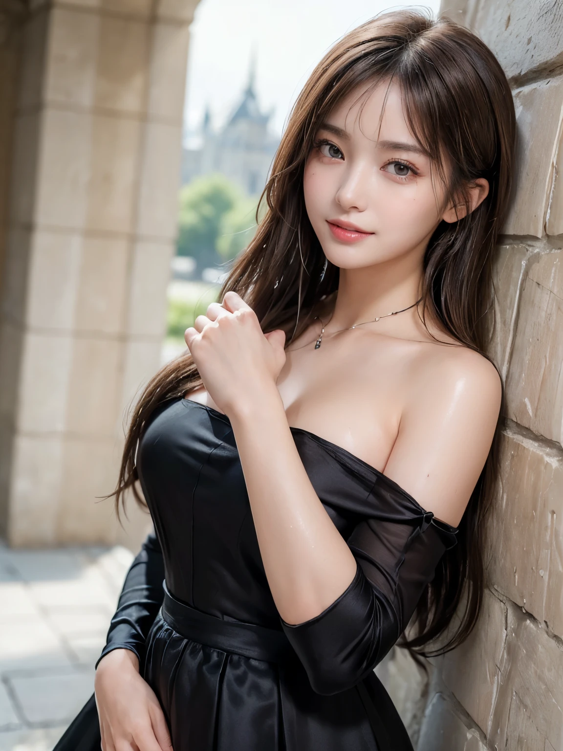 ((masterpiece: 1.3),8K, Realistic, RAW Photos, Highest quality: 1.4), (One girl at 20 years old), beautiful顔,Anatomically correct hands and fingers、 (Realistic Face), (Brown long hair: 1.3)、beautifulヘアスタイル, (bangs), (smile), smile, Realistic eyes, Gloss, highlight, highlight in the Eyes, eyelash, 目の中のbeautifulディテール, (Realistic Skin),、(((Black silk dress、Long skirt)(Cropped shoulders)View of the castle、、Stand against a wall))、Shooting from the air、beautiful肌, Transparency、(beautiful)、 bust, smile, teeth, Confused, charm, 超High resolution, Ultra-realistic, High resolution, Golden Ratio, Clear eyes, Wet, Mole, Looking into the camera, ear, Shine, Long neck, double eyelid, Big eyes, cheek, kind character, charm personality, kind, Move, 圧倒的なcharm, bright personality