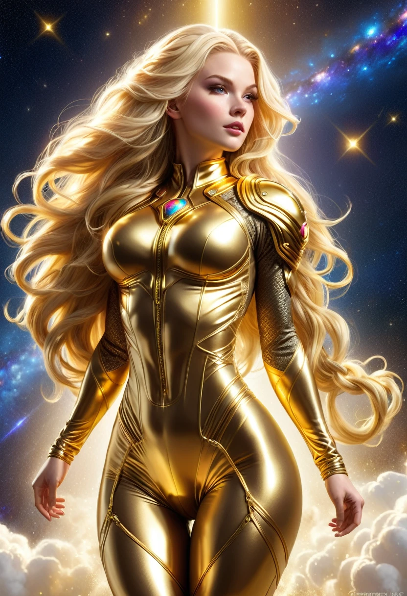 BOMBSHELL BLONDE VALKYRIE FLYING OUTERSPACE, , PALE SKIN, YELLOW EYES, HIGH CHEEKBONES, ROSY CHEEKS, MENTAL FORAMEN, HUGE LONG HAIR, DOUBLE BRAIDED HAIR, GOLD THONG LEOTARD ARMOUR, GOLD LONG JUMPSUIT, GOLD NECK JUMPYSUIT, BUTT SCRUNCH, LONG GOLD GAUNTLETS, ATHLETIC CURVY BODY, DETAILED QUADRICEPS, MUSCLES, BACK BODY VIEW, SWEATY GLUTES, GOLD SHOES, FULL BODY PERSPECTIVE, SPRITE LIGHTINGS, OUTERSPACE, RAYS OS LIGHT, SUN, BACK LIGHTS, NIGHT SKY, ACCURATE IMAGE, MASTERPIECE.