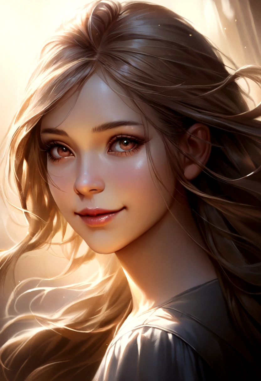 Realistic, ultra-detailed, surreal, 1girl, smile, soft expression, clear skin, long eyelashes, flowing hair, windblown hair, soft ambient lighting, warm lighting, glowing skin, natural light, calm, detailed details,