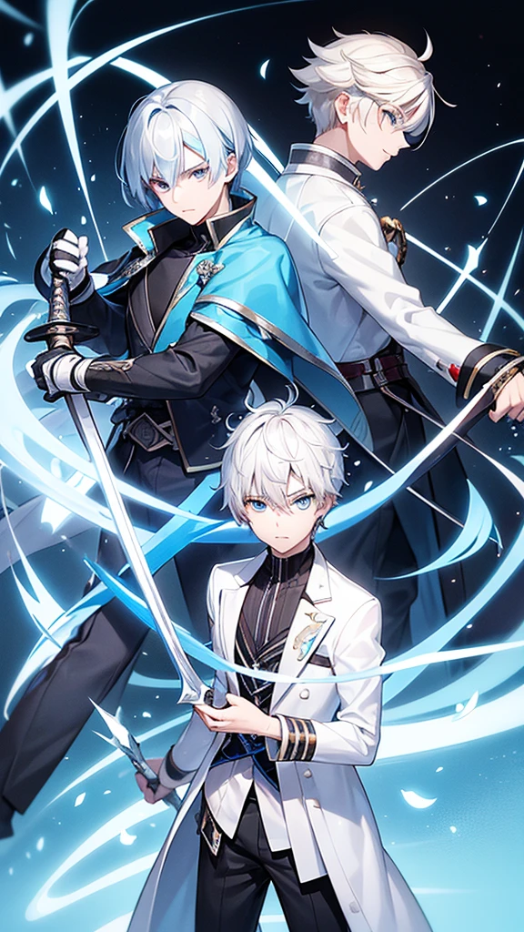 an 18 year old boy , white hair with a light blue streak , blue eyes, with a white jacket with black tones of a swordsman with magic Fighting a -yeld boith blonde hair with a red streak , and crimson eyes of a swordsman's black jacket