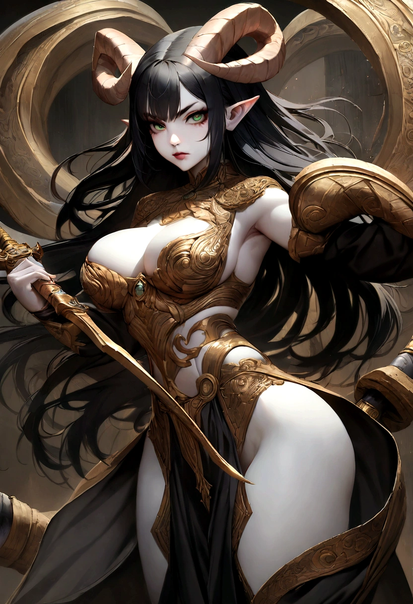 Absurd resolution, high resolution, (Artwork: 1.4), ultra-detailed, Female warrior character, with long black hair, green eyes, pale skin, with huge, curved horns like a ram, coming out of her temples and curling back, wielding a dagger masterfully, with his entire body