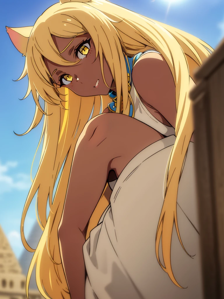 (1girl ,solo,20s,mature female),blonde hair,long hair,cat ears,yellow eyes,(((dark skin))),(Egypt, blue sky, sun),white egypt oufit,looking at view,portrait