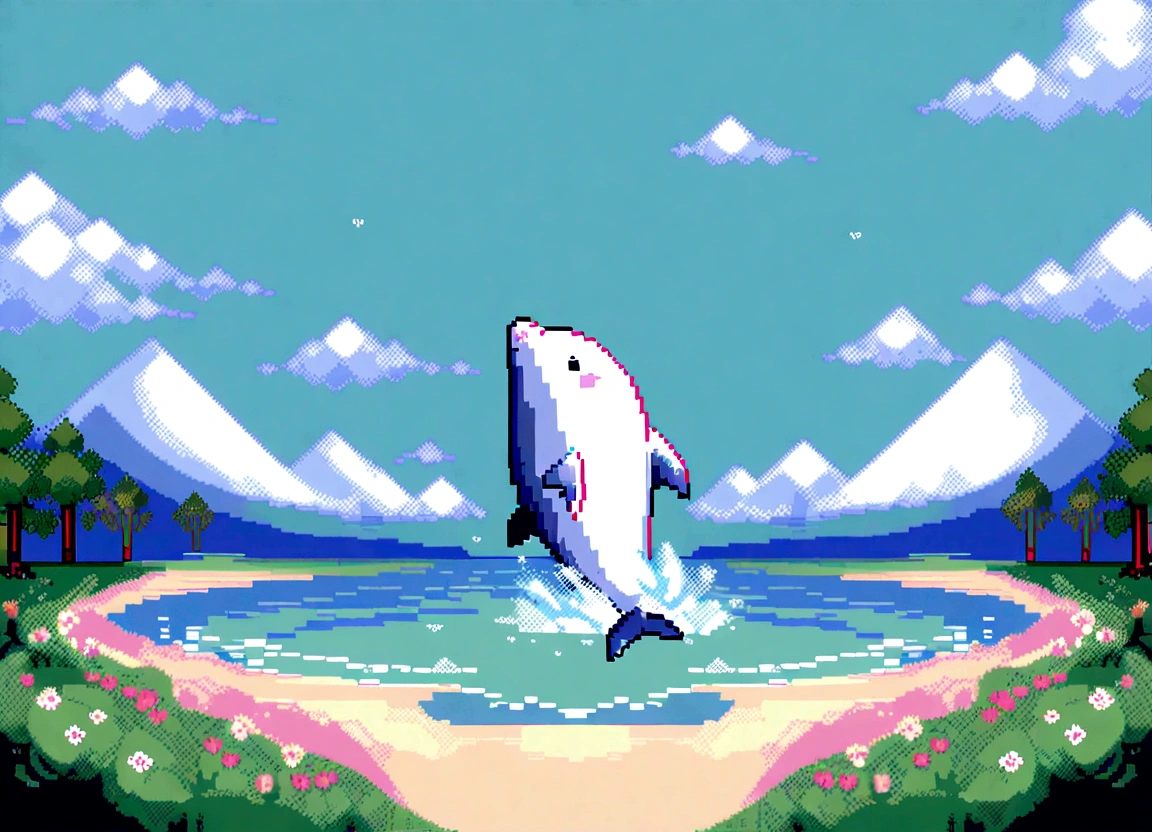 Pixel Art,Fisheye wide angle lens,Tilt down view,Wild meadows,forest, beautiful 详细的Pixel Art, 详细的Pixel Art, Lofidel Retro Video Games, 概念Pixel Art, 详细的Pixel Artwork, Pixel Art style, Pixel Art动画, 高品质Pixel Art, Dolphin jumping out of the sea, Ultra-detailed colorful low-polygon art, #Pixel Art:3, # Pixel Art, #Pixel Art